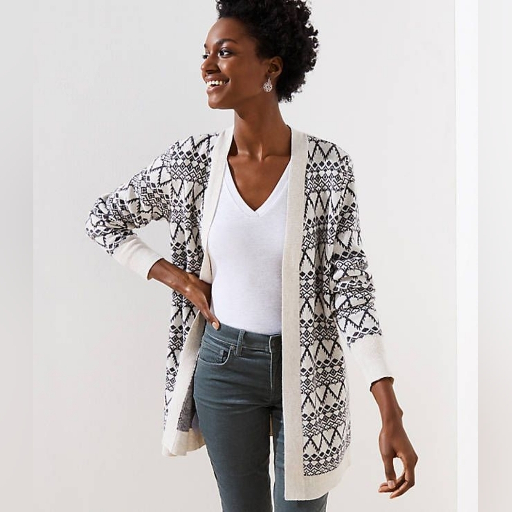 LOFT Fair Isle Wool Blend Cardigan Cream Black Open Front Sweater Sz M